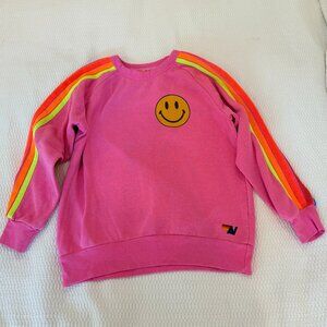Aviator Nation Kids Smiley Face Rainbow Stripe Sweatshirt Pink Size S Made in US